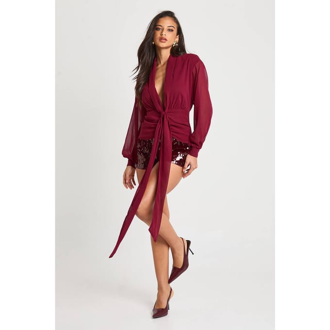 boohoo Dames Chiffon blouse met draperie | Wine | Maat: 8