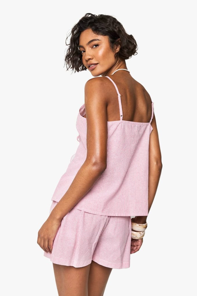 boohoo Dames Lang Pinstreept Halternek Strik Korte Co-ord | Red | Maat: 8