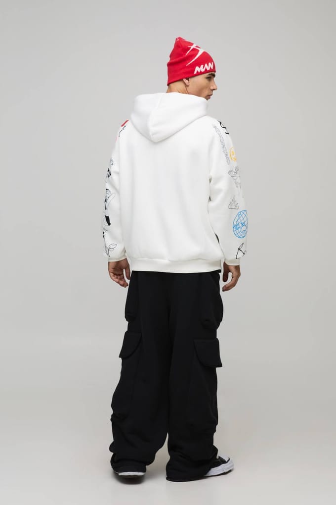 Oversized Zip Through Doodle Sleeve Printed Hoodie | Ecru | Size Medium
