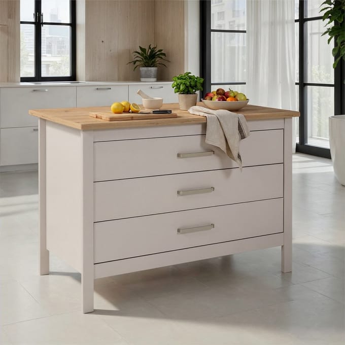 Interlink - kookeiland Piazza cachemire-warm wit en eik met 3 laden - 124x75cm