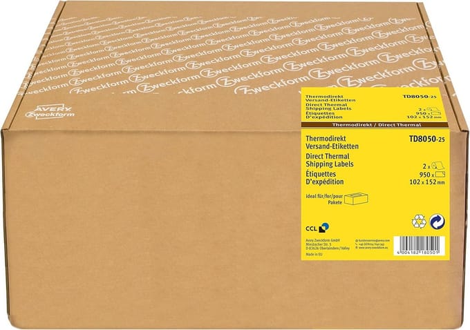 TD8050-25 Thermodirect-verzendetiketten 102 x 152 mm, 2 rollen 950 stuks, wit