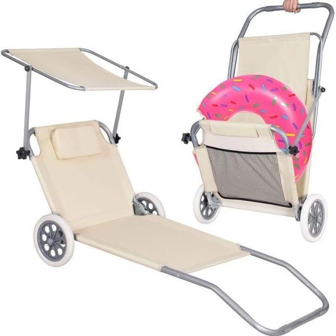 Springos Ligbed | Ligstoel | Strandstoel | Zonnebed | Verrijdbaar | Inclusief Luifel | Beige