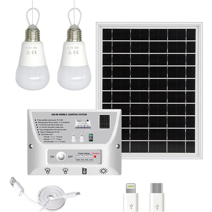 Draagbaar zonne-verlichtingssysteem Waterdicht 5,5W zonnepaneel 1W & 2W LED-lampen 5000mAh-controller White Light wit