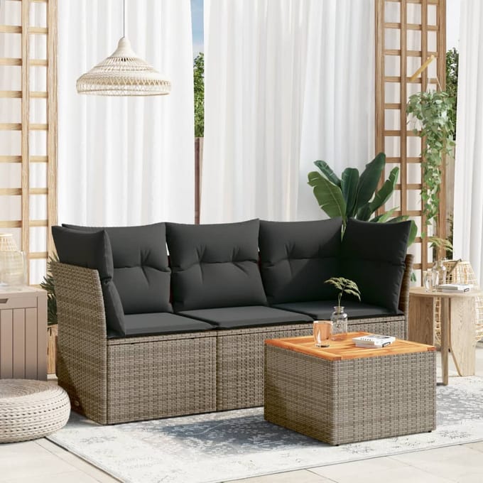 vidaXL - 4-delige - Loungeset - met - kussens - poly - rattan - grijs