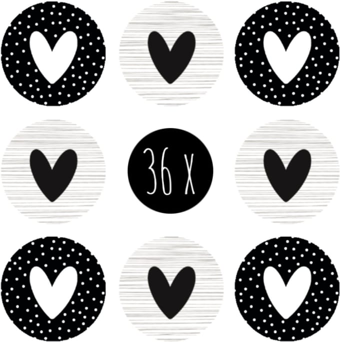 36x Stickers / Sluitstickers | HARTJE | 25 mm | rond | zwart & wit | 2 soorten