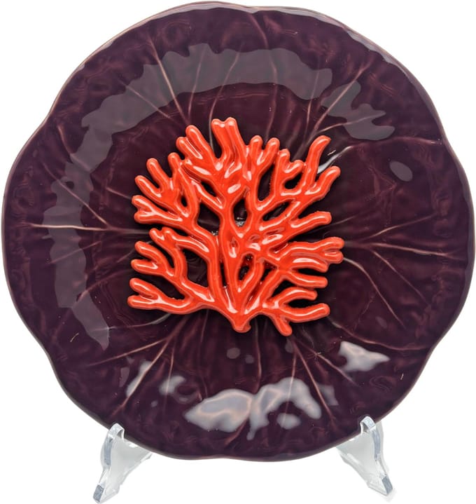 Koraal medio op aubergine bladvormig blad, 20cm