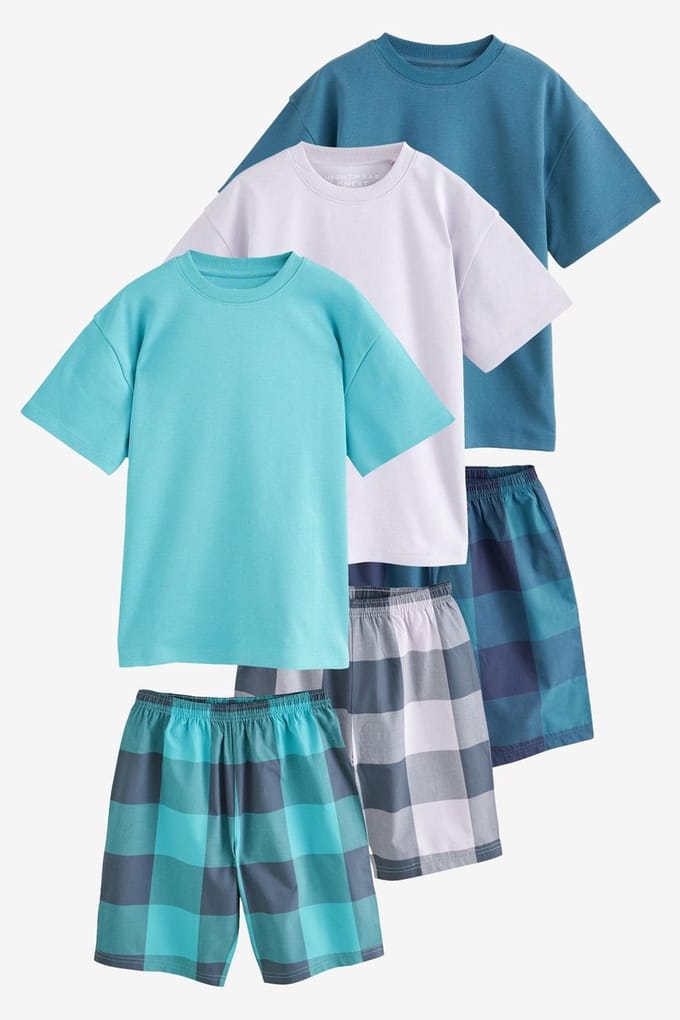 Next - Jongens - Set van 3 geweven geruite pyjama's - Petroleumblauw