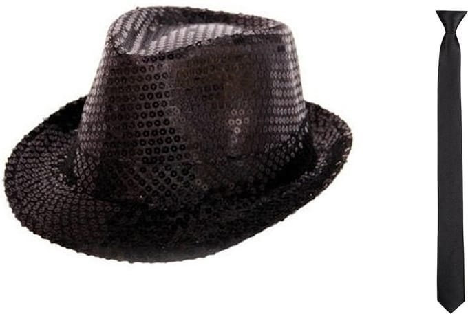 Folat - Verkleedkleding set - Glitter hoed/stropdas zwart volwassenen