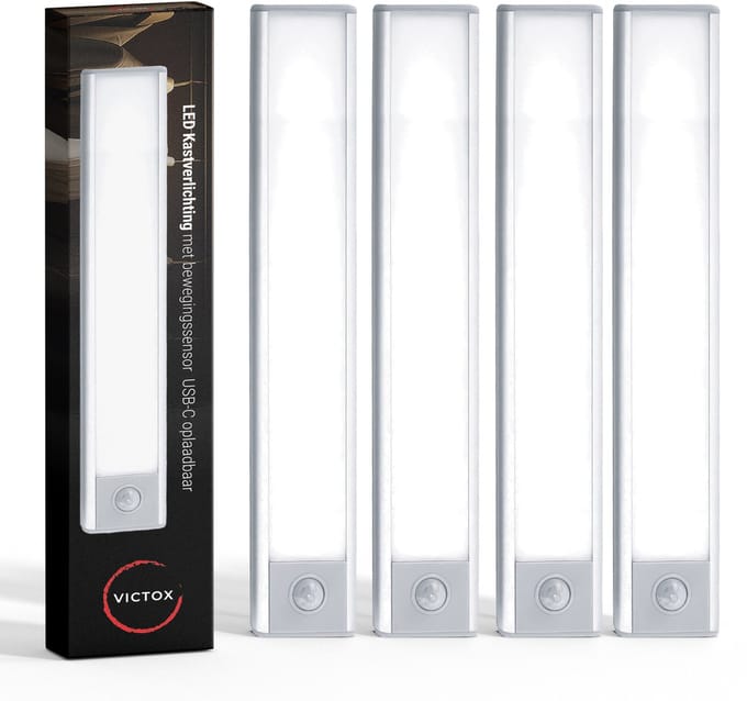 LED Kastverlichting met bewegingssensor - 4 x 20 cm - USB-C Oplaadbaar - 3 Kleurtemperaturen - Magnetisch - Draadloos - Zilver (4-PACK)