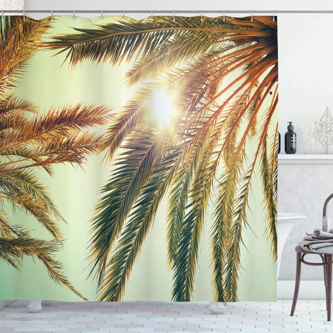 ABAKUHAUS Palmblad douchegordijn – modern polyester, 175x200 cm – oranje/groen
