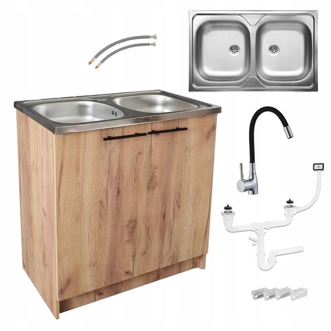 STAMAR - Keukenonderkast 80 cm met 2-baks RVS spoelbak, zwarte flexibele keukenkraan en sifon - sonoma eiken