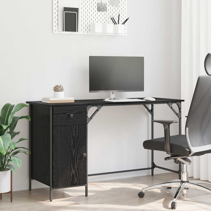 vidaXL Computerbureau Zwart Eiken 131 x 48 x 75 cm Bewerkt hout