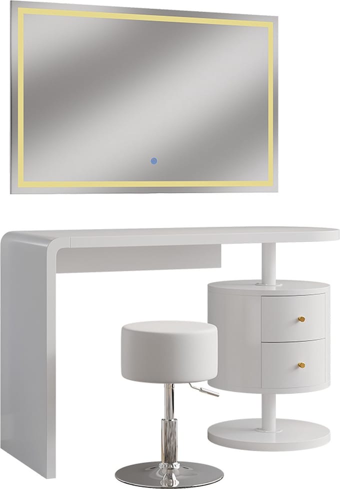 Vicco Kaptafel set met kruk Lara, Wit, 120 cm met LED-spiegel en kruk