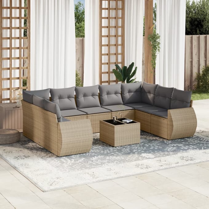 vidaXL - 10-delige - Loungeset - met - kussens - poly - rattan - beige