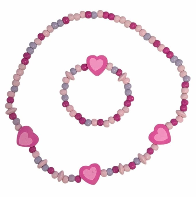 Fako Bijoux® - Kinderketting en Armband - Hout - Hartjes Roze
