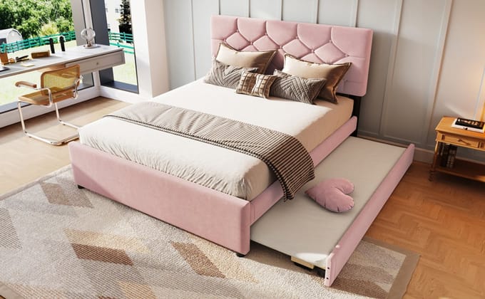 Polsterbett - 140x200cm - Bett mit Lattenrost (ohne Matratze) - Bett mit Rollcontainer - Samt - Minimalistisch - Rosa
