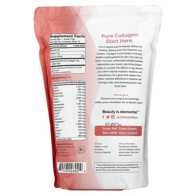 Zint, peptides de collagène purs nourris à l'herbe, sans saveur, 32 oz (907 g)