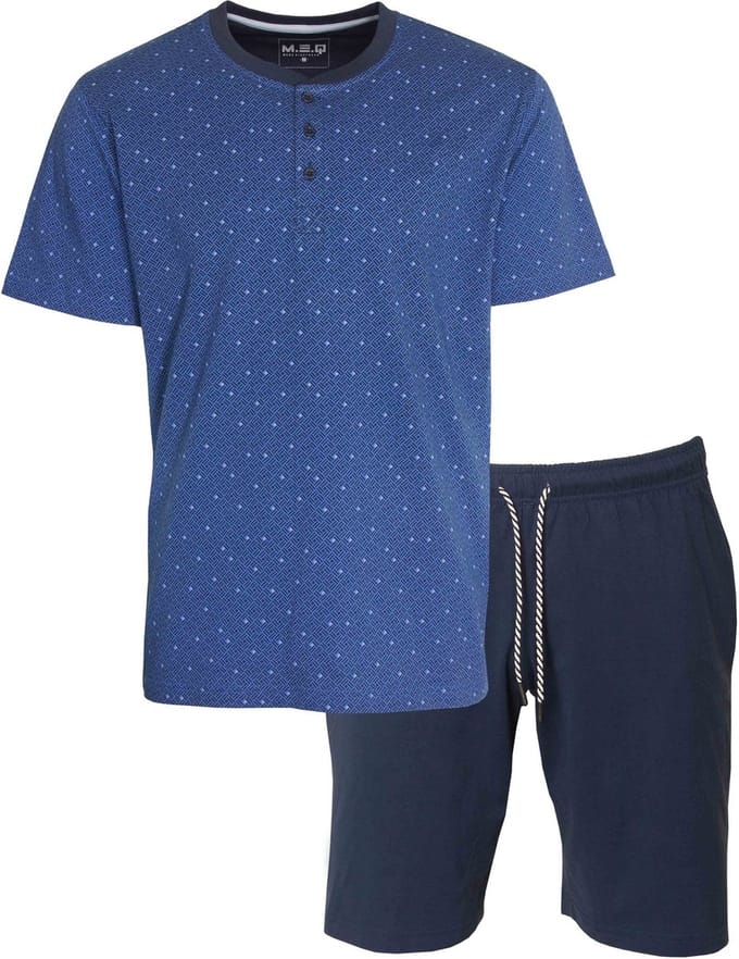 MEQ Heren Shortama - Polo Sluiting - Pyjama Set - Blauw - Maat S