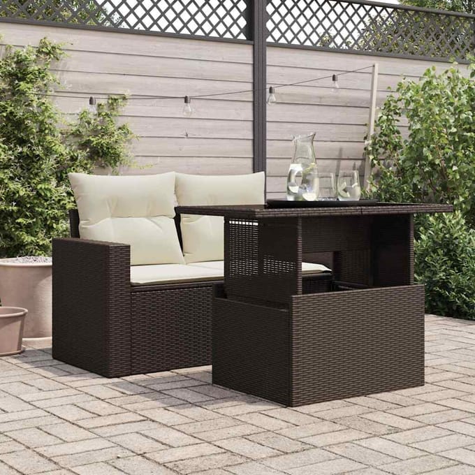 vidaXL - Tuintafel - met - glazen - blad - 100x55x73 - cm - poly - rattan - bruin