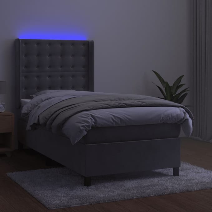 vidaXL - Boxspring - met - matras - en - LED - fluweel - lichtgrijs - 90x200 - cm