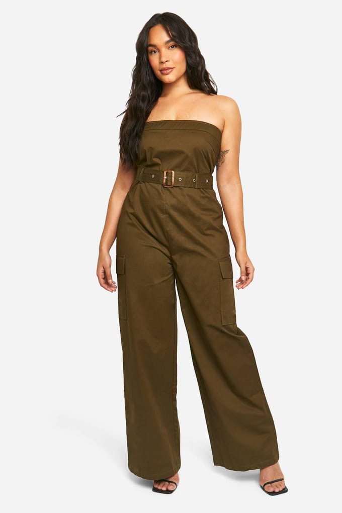 boohoo Dames Plus Utility Bandeau met Riem Jumpsuit | Kaki | Maat: 52