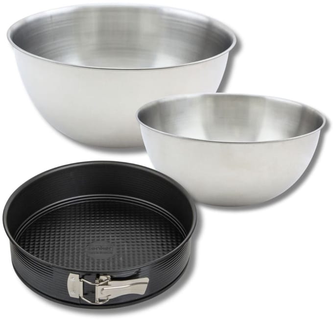 Set bestaande uit 1 springvorm 26 cm, 1 spatel Zenker en 2 mengkommen van roestvrij staal Fackelmann