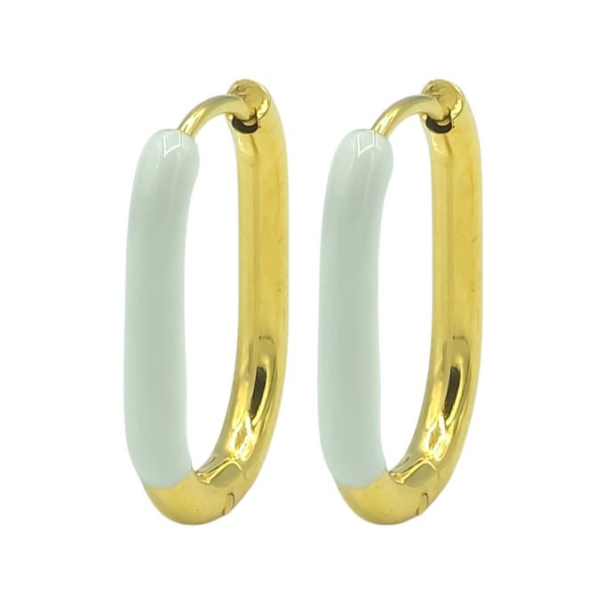 Goldplated U-Huggie oorbellen van staal met witte emaille (21 x 16mm)