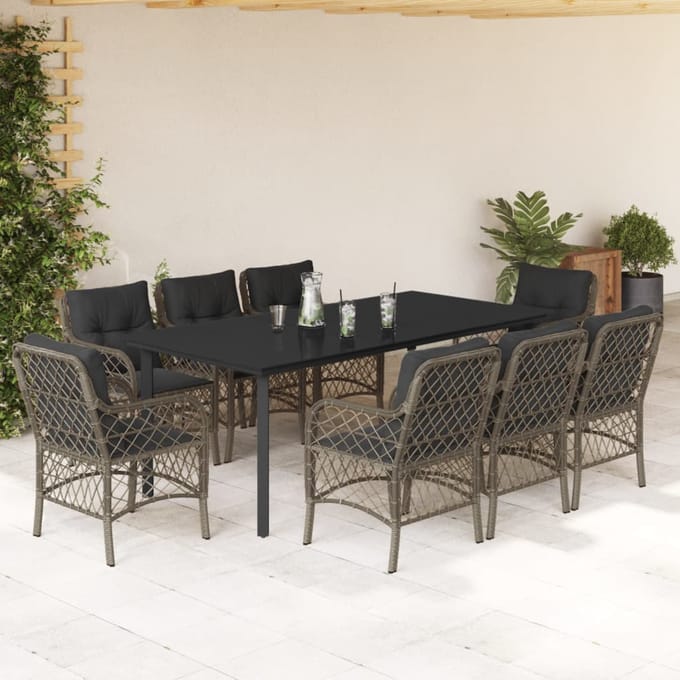 vidaXL - 9-delige - Tuinset - met - kussens - poly - rattan - grijs