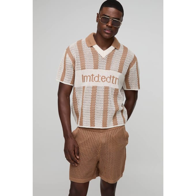 Regular Fit Open Stitch Stripe Football V-hals Gebreide Korte Set | Taupe | Size Medium