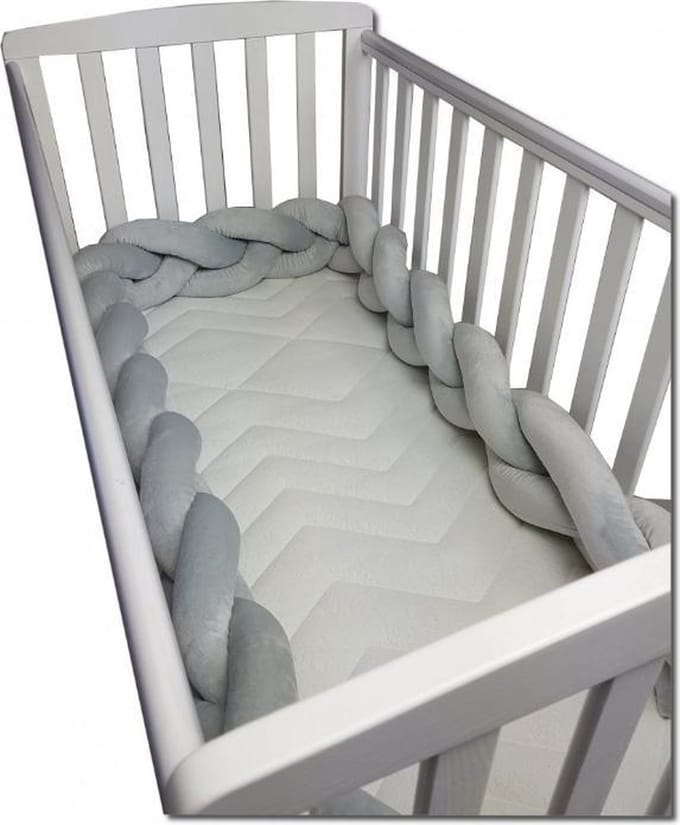 Bedbumper bedomrander  280 cm lang  Gevlochten  Grijs