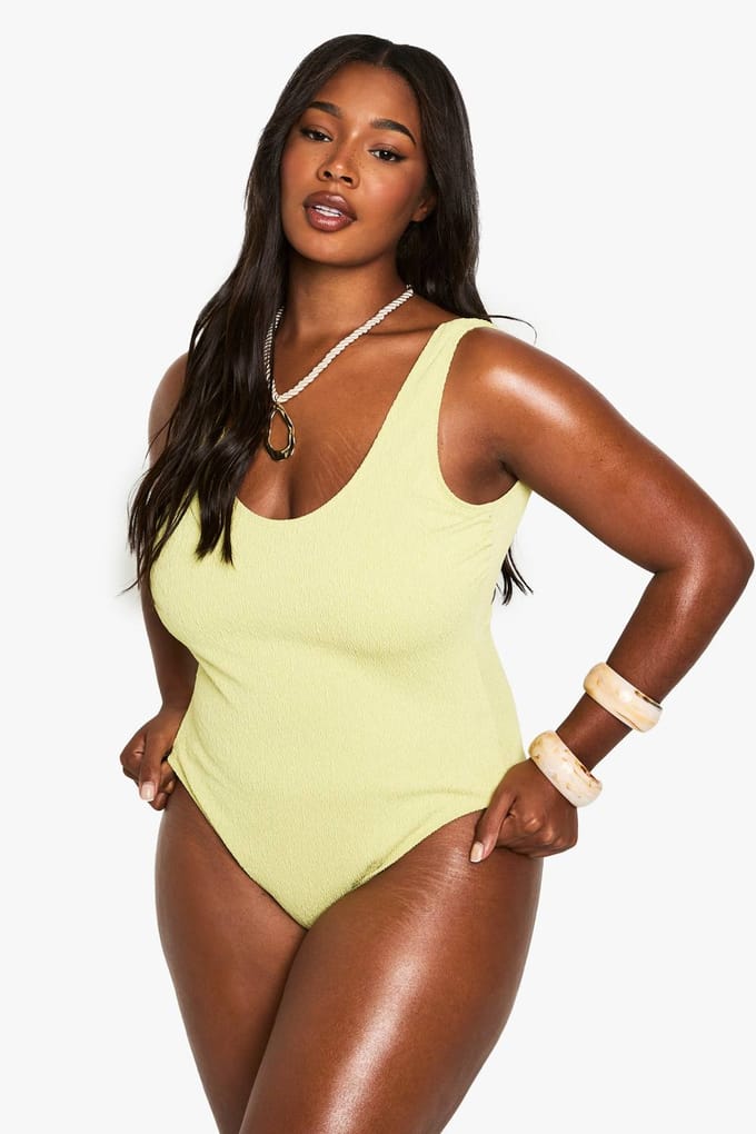 boohoo Dames Plus Swimwear Essentials Crinkle Scoop Neck Badpak | Olijf | Maat: 56