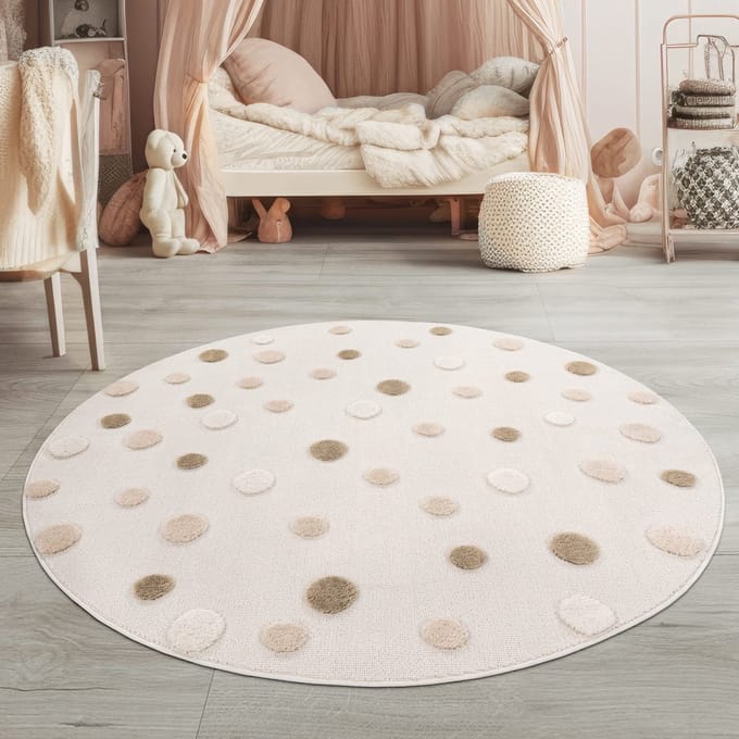 Rond kinderkleed 120/160 cm, crèmekleurig speelkleed met stippenmotief