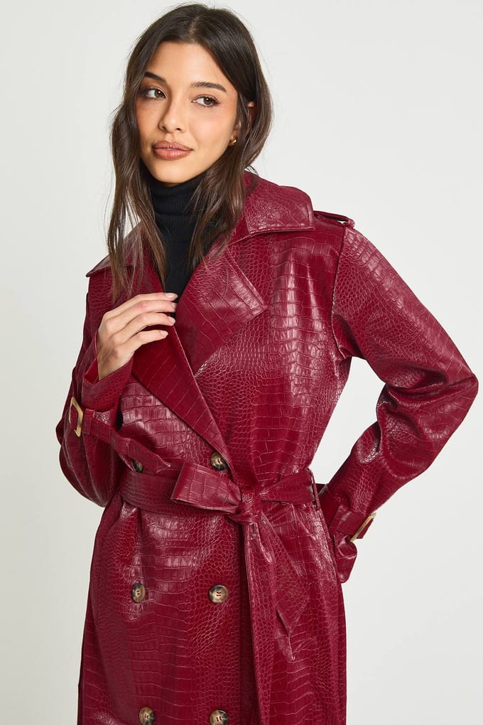 boohoo Dames Croc Faux Leather Trench Coat | Red | Maat: 8