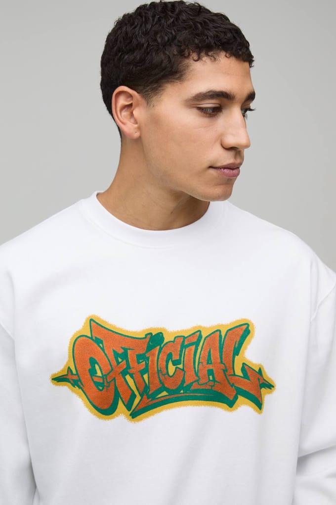 Oversized Graffiti Print Sweatshirt | White | Size XS