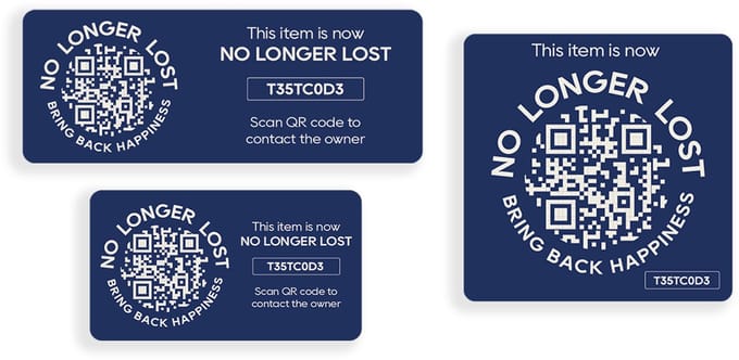 NoLongerLost - 'Triple Value Pack' Stickers - 3 stuks (verschillende afmetingen) - Donkerblauw - Unieke QR code - Tracking
