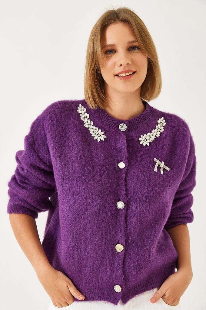 Versierde Ronde Hals Lange Mouwen Cardigan