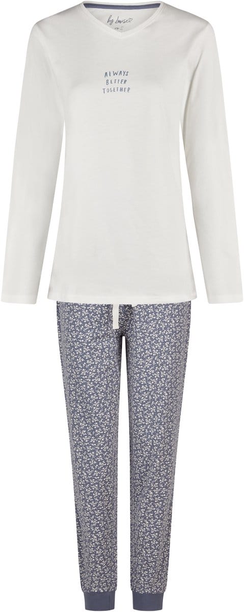 By Louise Dames Pyjama Set Lang V-Hals Off-White/Donkerblauw Gebloemd - Maat M