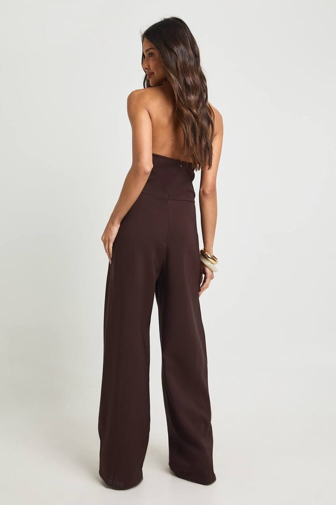 boohoo Dames Gouden Knoop Wikkel Jumpsuit | Chocoladebruin | Maat: 42