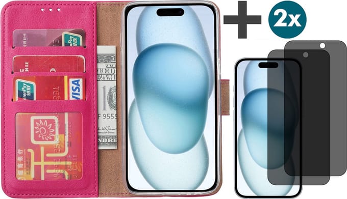 Hoesje met Privacy Screenprotectors 2 Stuks Geschikt voor iPhone 15 Plus – Arara bookcase met pasjeshouder - Roze
