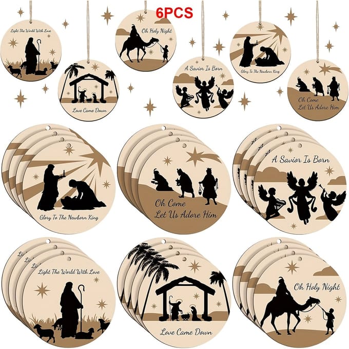 VANDAAG VERZONDEN - Hanger 6 STUKS - Kerststal - Hout - Kerstboom Kerstdecoratie - Jezus - Kerstballen - kerst kersthanger