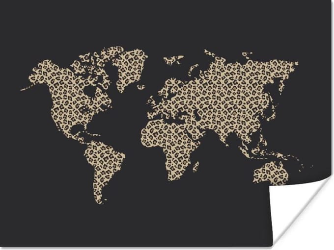 Poster - Wereldkaart - Panterprint - Zwart - 40x30 cm