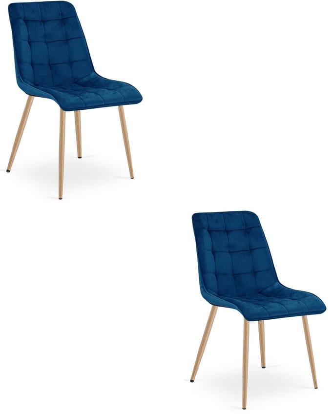 Set van 2 eetkamerstoelen SPLIT – Modern design – Blauw fluweel – Eiken poten