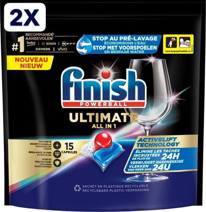 2 x Finish Powerball - Ultimate All in 1 - Vaatwastabletten - Activelift - 15 Capsules