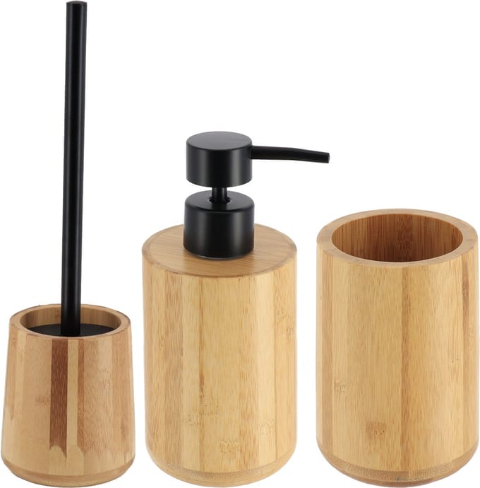 Badkamer set - zeeppomp/beker/WC-borstel - bamboe - zwarte accenten