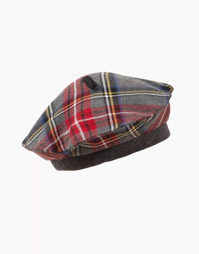 Minikane Gordi Poppenkleding Rood-Grijs Geruite Baret 34 cm