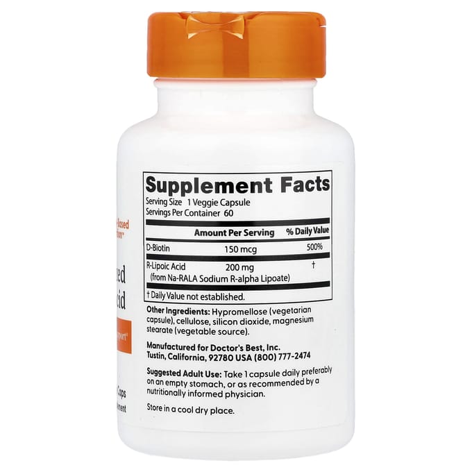 Doctor's Best, Gestabiliseerd R-Alfa-Liponzuur met BioEnhanced Na-RALA, 200 mg, 60 Vegetarische Capsules