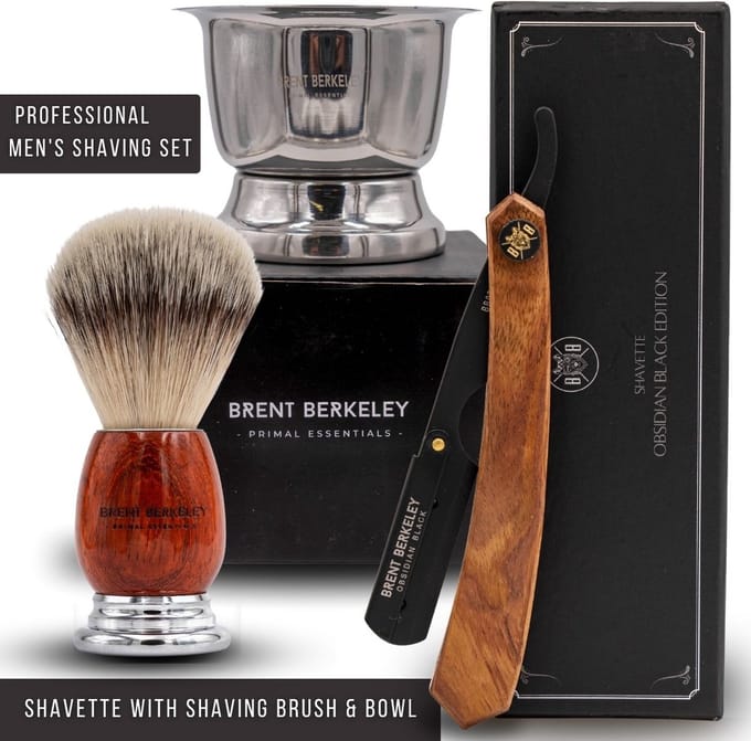 Brent Berkeley® Shavette 'Obsidian Black' Scheerset - Professioneel Open Scheermes met Scheerkom & Scheerkwast