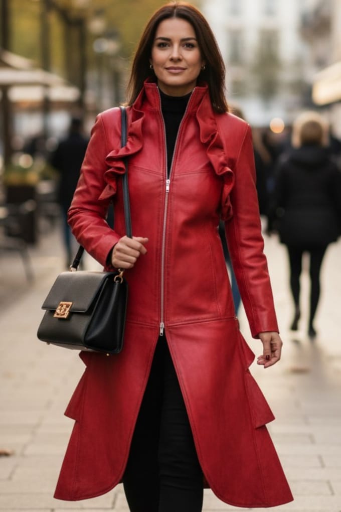Dames goth rood leren High Collar Victoriaanse flare-rok rokrok - Everly
