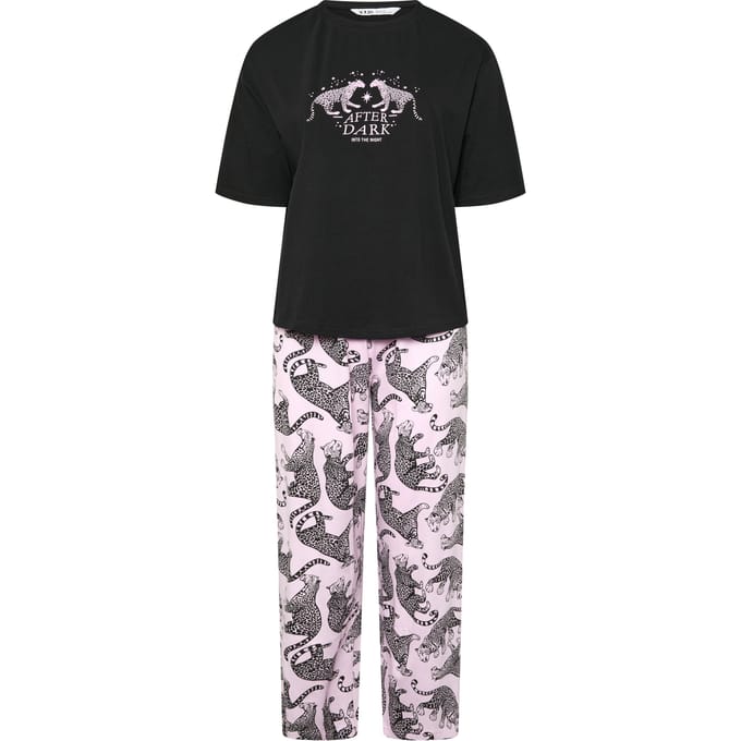 Yours Zwarte Pyjamaset Met Luipaardprint En Wijde Pijpen Size 58-60