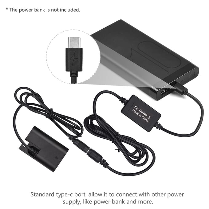 PD USB TypeC-kabel naar DRE6 Dummy-batterij DC-koppeling LPE6N Vervanging voor Canon EOS 60D 70D 80D zwart